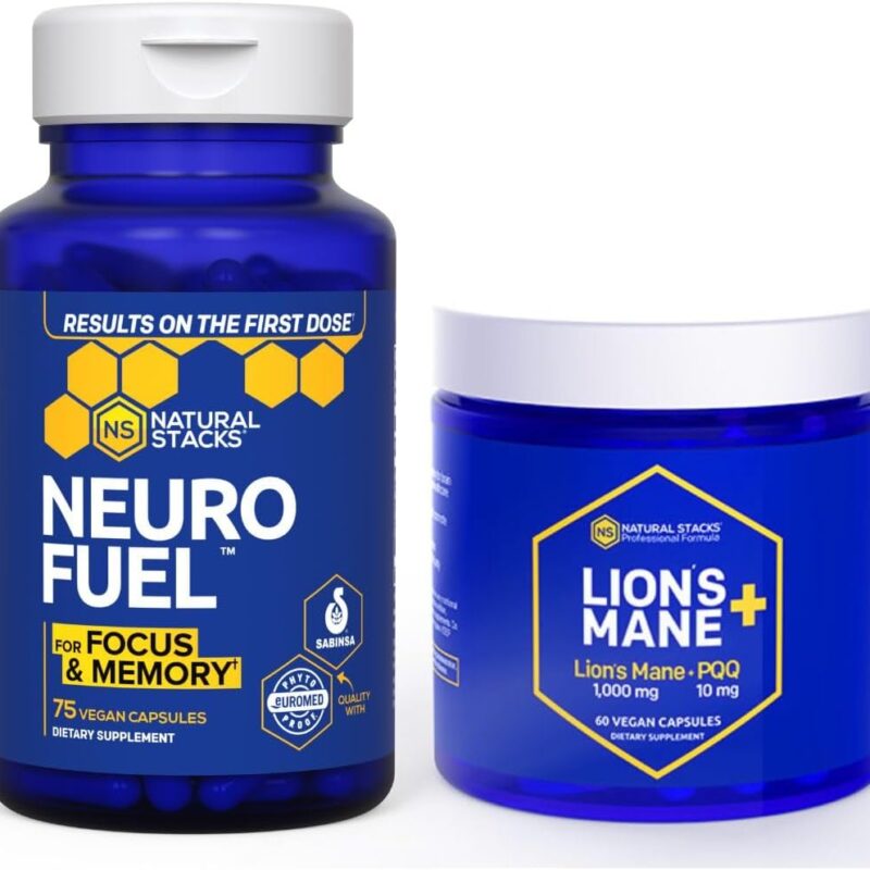 NATURAL STACKS Lions Mane Mushroom + NeuroFuel Nootropic Supplement Bundle - Supports Memory, Focus & Learning - 135 Capsules