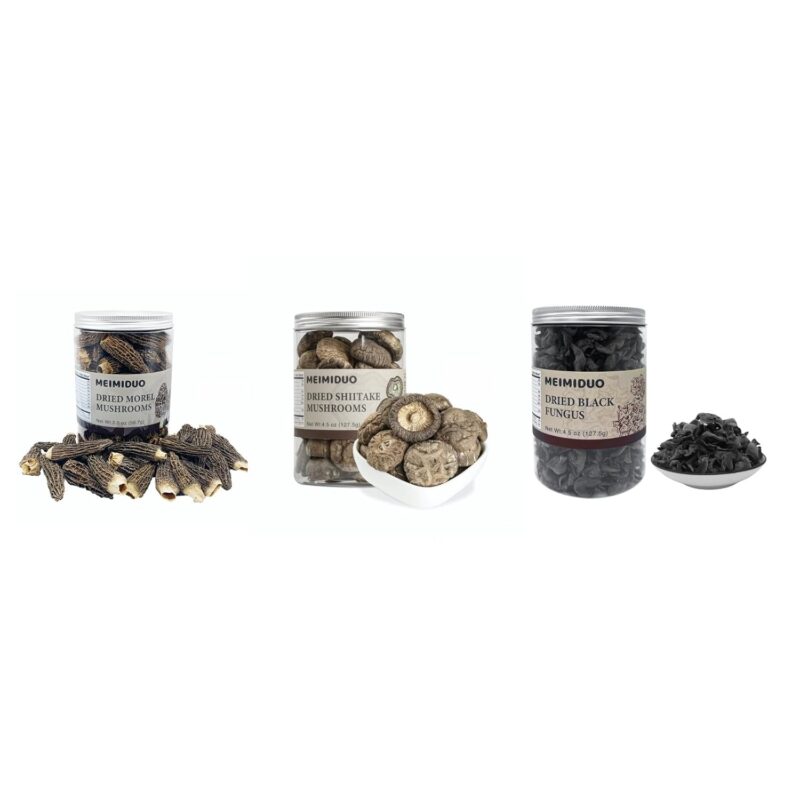 MEIMIDUO Premium Mushrooms Family Assortment Set, 1 Pack Of Dried Morel Mushrooms(2.0 Oz), 1 Pack Of Dried Shiitake Mushrooms(4.5 Oz) & 1 Pack Of Dried Black Fungus(4.5 Oz)