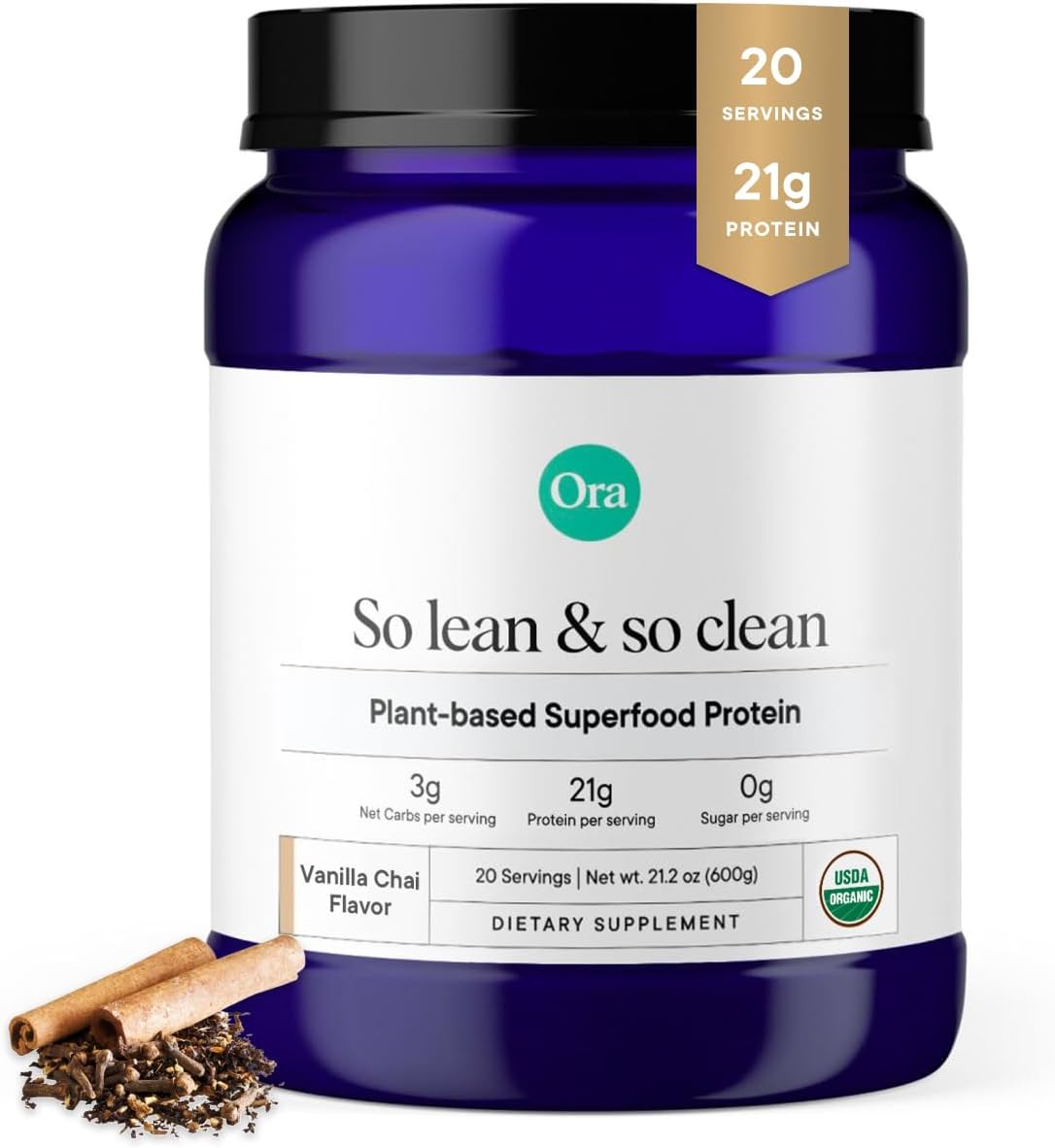 612XsBtc9YL._AC_SL1240_.jpg Ora Organic Vegan Protein Powder - 21g Plant Based Protein Powder for Women and Men | Clean Protein Source, Keto Friendly, Gluten Free, Paleo, Dairy-Free, Gluten-Free, Soy-Free (Vanilla Chai)