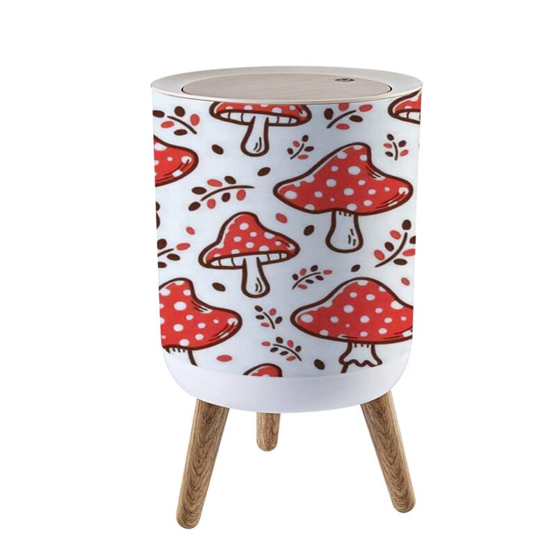 Small Trash Can with Lid mushroom seamless hand drawing doodle cartoon icon design mushroom Garbage Bin Wood Waste Bin Press Cover Round Wastebasket for Bathroom Bedroom Kitchen 7L/1.8 Gallon
