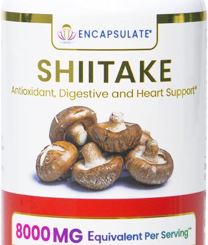 ENCAPSULATE Shiitake Capsules 8:1 Extract – Premium Organic Fruiting Body 8:1 Extract – Adaptogen Mushroom Supplement for Heart Health, Vitality, Antioxidant & Immune Support – 60 Vegan Capsules