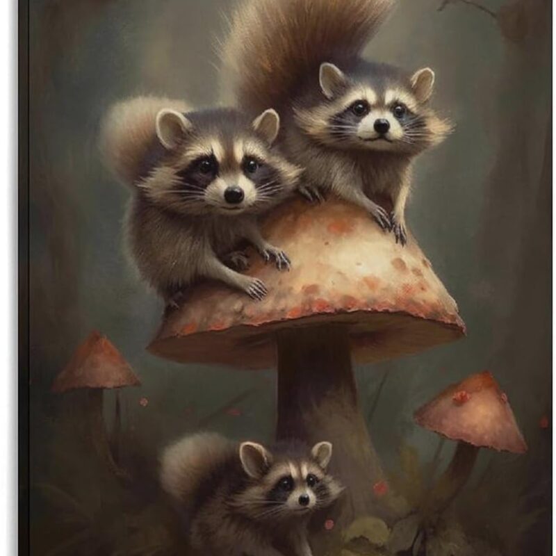 Raccoon Mushroom Print,Cottagecore Decor,Goblincore Wall Decor,Cute Animal Art,Whimsigoth,Mushroom Print Poster Wall Art Canvas Artwork Wall Decor Prints Painting Art Prints Picture Home Decoration Fr