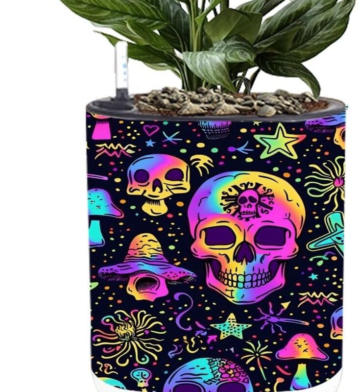 8.7" Planter with Stand Seamless Pattern Bright Psychedelic Mushrooms Skulls Indoor Self Watering Plant Pot with Legs Water Inlet & Water Level Indicator Lazy Flower Pot Boho Decor