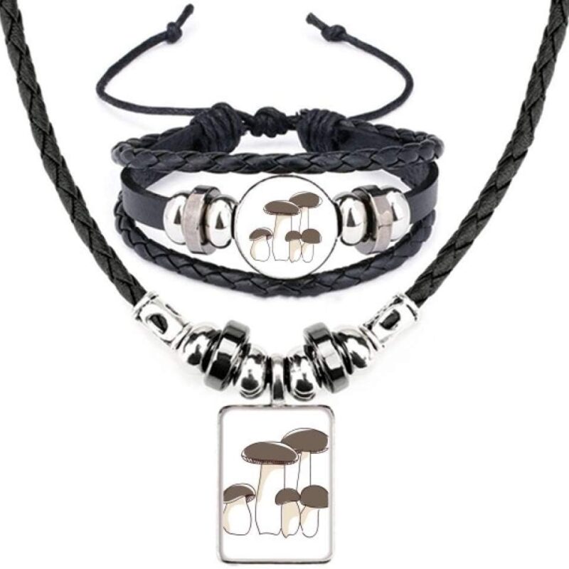 Delicious Fresh Mushroom Pattern Leather Necklace Bracelet Jewelry Set
