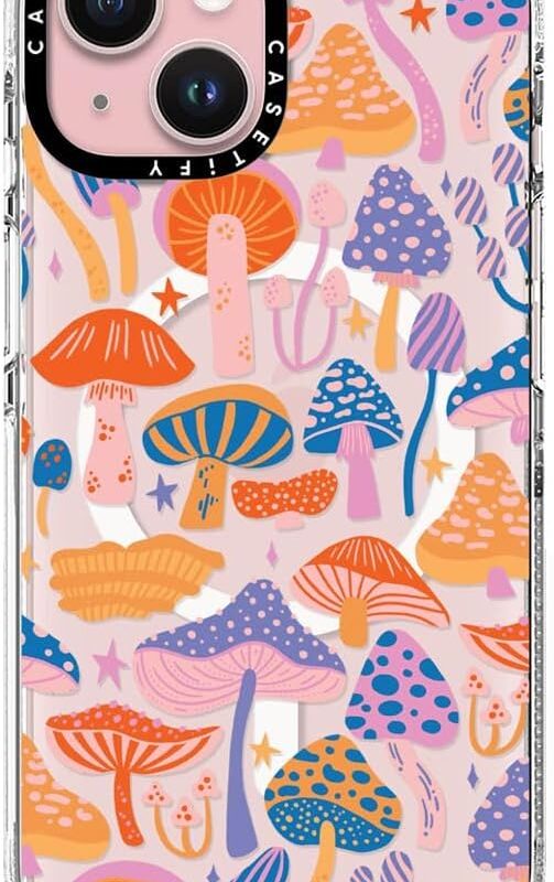 CASETiFY Clear Case for iPhone 15 [Not Yellowing / 6.6ft Drop Protection/Compatible with Magsafe] - Cute Prints - Magic Mushrooms - Clear