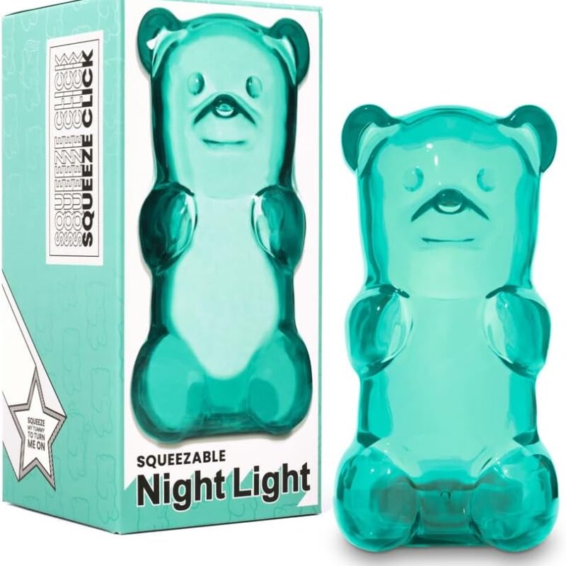 Gummygoods Squeezable Gummy Bear Night Light - Rechargeable, Portable, Squishy Lamp, 60-Min Sleep Timer - Christmas Gift for Kids & Adults, Baby Nursery, and Dorm Rooms - (Aquaberry)