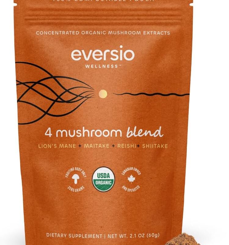 Eversio Wellness 4 Mushroom Blend Mushroom Powder- 60 Servings (60g) Balance Blend Powder Blend for Mushroom Coffee – Maitake, Shiitake, Lion’s Mane, and Reishi Extracts