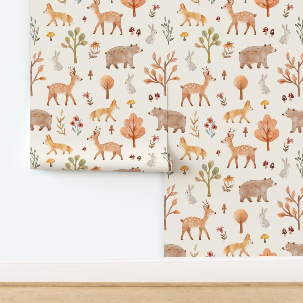 61C8BzFip2L._AC_SL1024_.jpg Spoonflower Peel & Stick Wallpaper 6ft x 2ft - Watercolor Nursery Whimsical Woodland Animals Baby Deer Fox Bear Bunny Mushroom Flowers Hand Drawn Custom Removable Wallpaper - Image 4