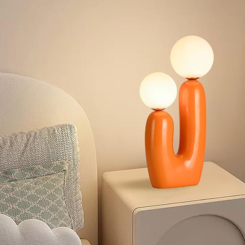 Modern Orange Cactus Shape 2 Lights Table Lamp Mushroom White Milk Globe Glass Table Light Cute Dimmable Resin Light Fixtures for Bedroom Living Room Children’s Room Kid’s Room Corner