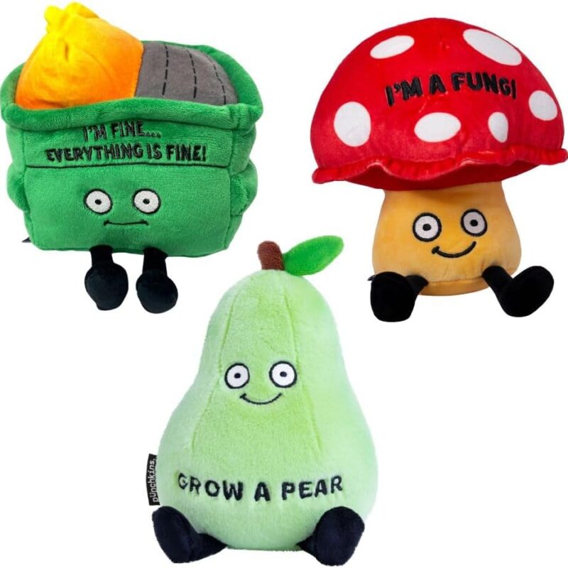 Hilarious Plushie Trio: Mushroom, Pear, and Dumpster Fire Funny Pun Meme Gag Gift, Comical Plush Collectible, Stocking Stuffer Present, Great for Emotional Support