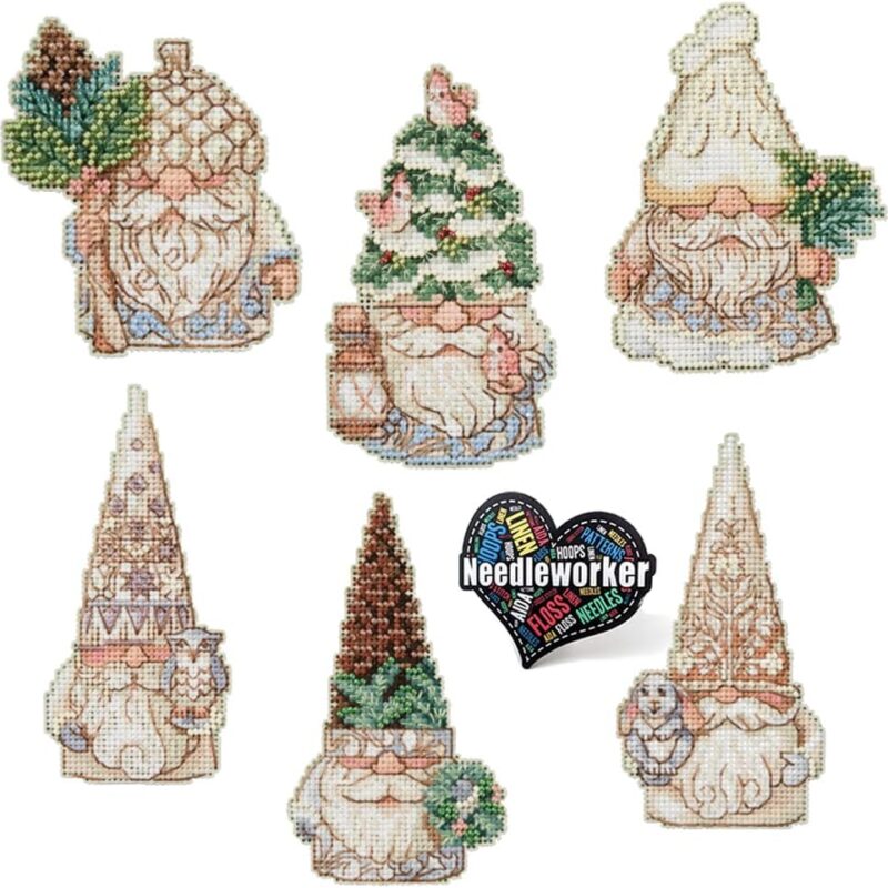 Jim Shore Woodland Gnomes (2023), Set of 6 Mill Hill Holiday Beaded Cross Stitch Ornament Kits, Plus Decorative 'Needlworker' Sticker