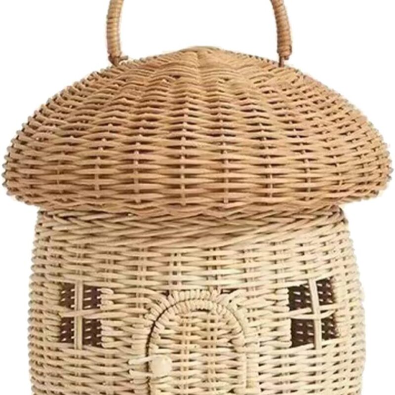 Mushroom Basket - Mushroom Rattan Storage Basket with Lid - Small Doll House - Decorative Hand Woven Shelf Organizer Cute Handmade Handcrafted Gifts