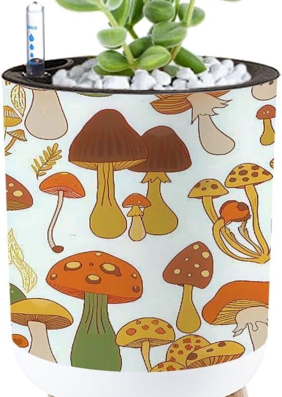 Planter with Stand 70s retro mushroom seamless Groovy vintage floral repeat fungi 8.6" Self Watering Plant Pot with Legs Water Level Indicator & Water Inlet Lazy Flower Pot Indoor Modern Decor