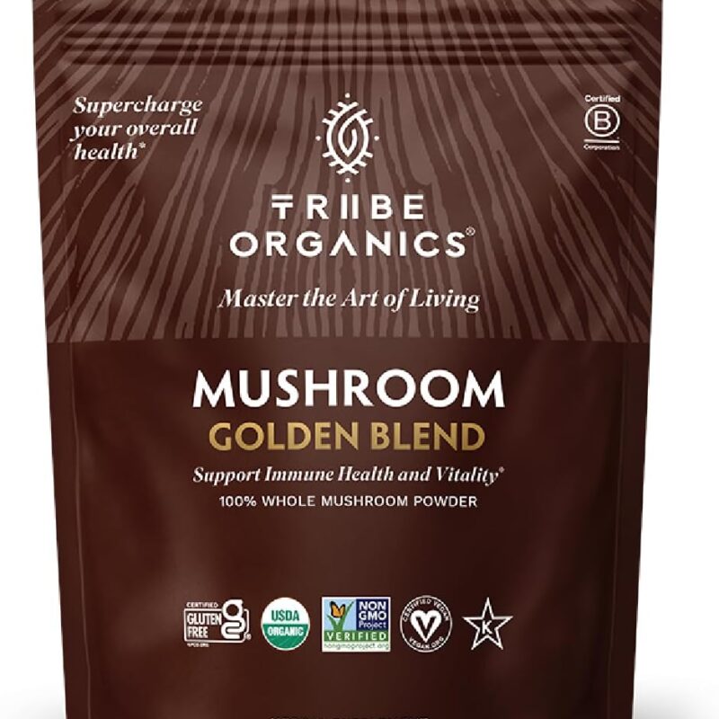 TRIBE ORGANICS Mushroom Golden Blend Powder - Organic Mushroom Powder Complex - 10-in-1 Mushrooms for Immunity Support & Health - 200g Pouch - 100 Servings