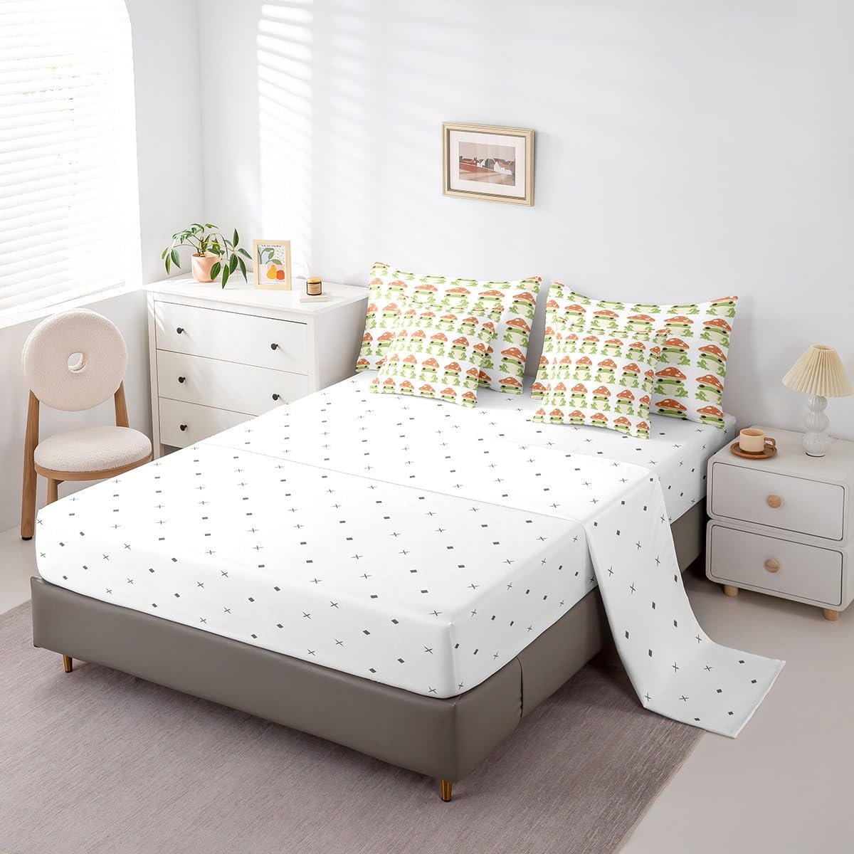 61HKHVecZCL._AC_SL1200_.jpg Feelyou Frog Bed in a Bag Cute Green Frogs with Mushroom Hats Comforter Set Twin Size 7 Pieces Boys Girls Kawaii Animal Bedding Set Microfiber Nature Bed Set with Sheets Bedroom Bed Set with Sheets - Image 4