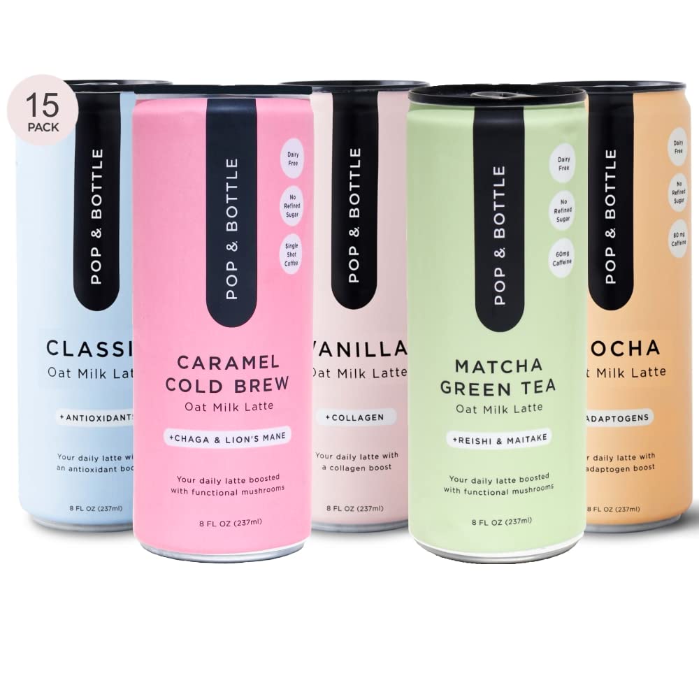 61IW7XelYNL._SL1000_.jpg Pop & Bottle, Oat Milk Lattes - Maca, Antioxidants, Ashwagandha, MCT Oil, Collagen, Mushrooms, Organic, Dairy & Gluten Free, Great as Iced Coffee, Lightly Sweetened with Dates - 8 Fl Oz (15 Pack)