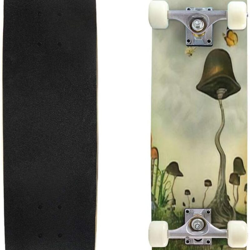 Fantasy Landscape with Butterfly and Mushrooms Skateboard 31"x8" Double-Warped Skateboards Outdoor Street Sports Skateboard for Beginners Professionals Cool Adult Teen Gifts