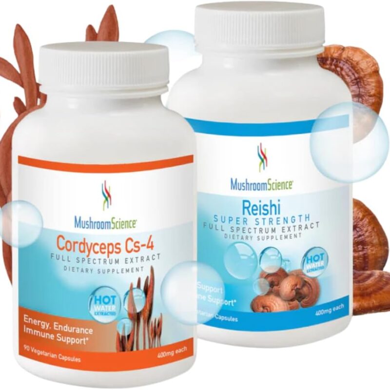 MushroomScience Reishi Immune Builder Mushroom Capsules, Full Spectrum 400MG, 90 CT and Cordyceps CS-4 Capsules, 400mg, 90 CT