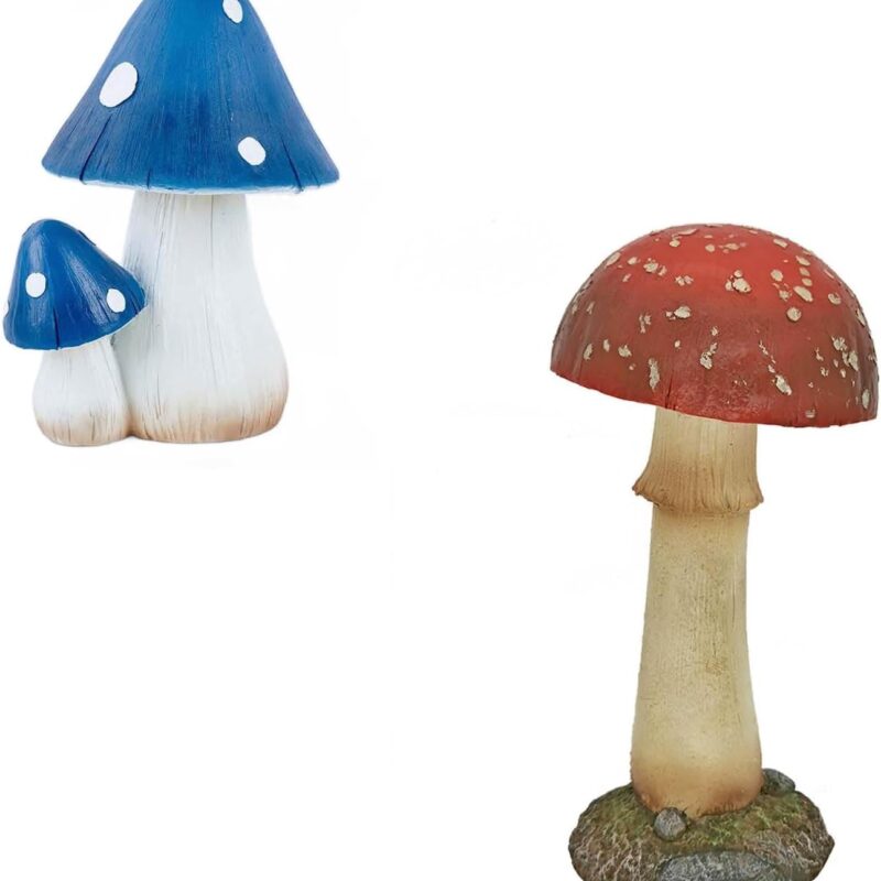 Mushroom Outdoor Garden Decor Ornament （8” Blue）+Garden Statue Mushroom Decoration Patio Decor（11.8”Red）
