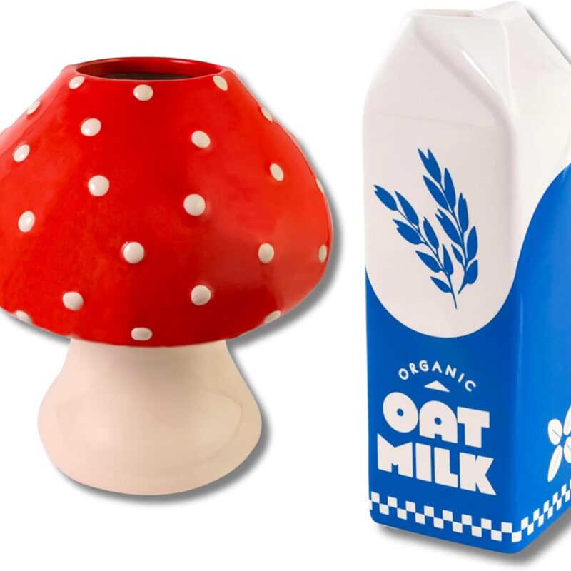 ban.do Trendy Decorative Ceramic Mushroom Vase Bundle with Vintage Inspired Oat Milk Cartoon Ceramic Vase
