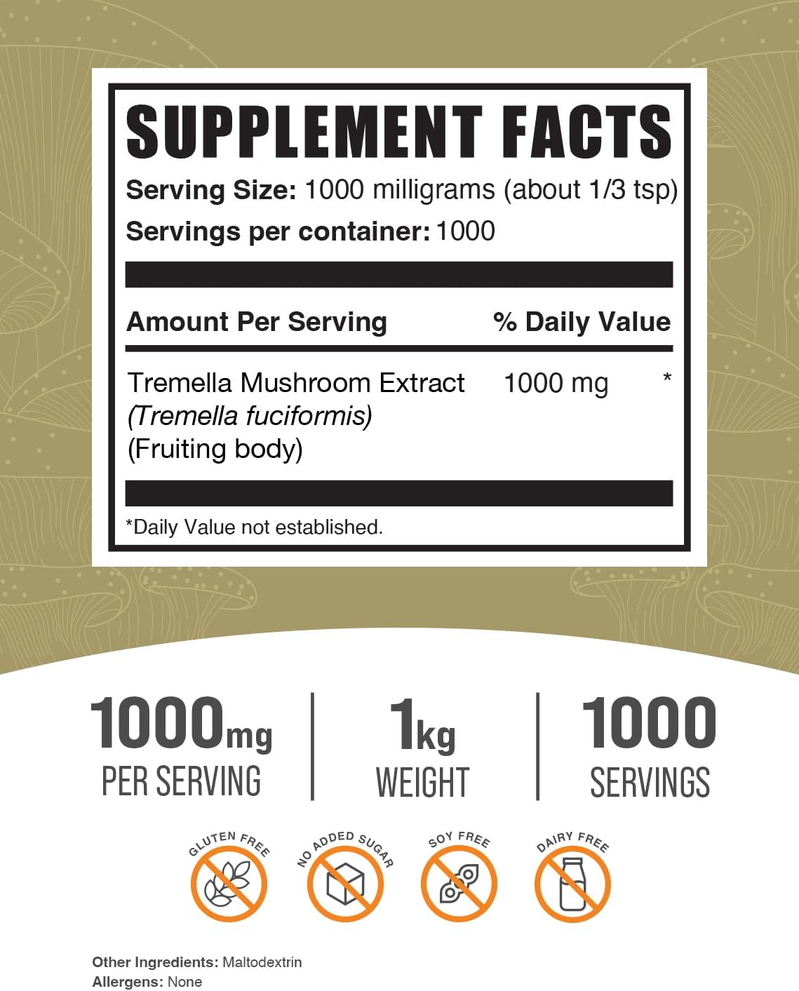 61PcghXmW2L._AC_SL1500_.jpg BulkSupplements.com Tremella Mushroom Extract - Mushroom Supplements, Tremella Mushroom Powder - from Tremella Fuciformis, Gluten Free, 1000mg per Serving, 1kg (2.2 lbs) (Pack of 1) - Image 2