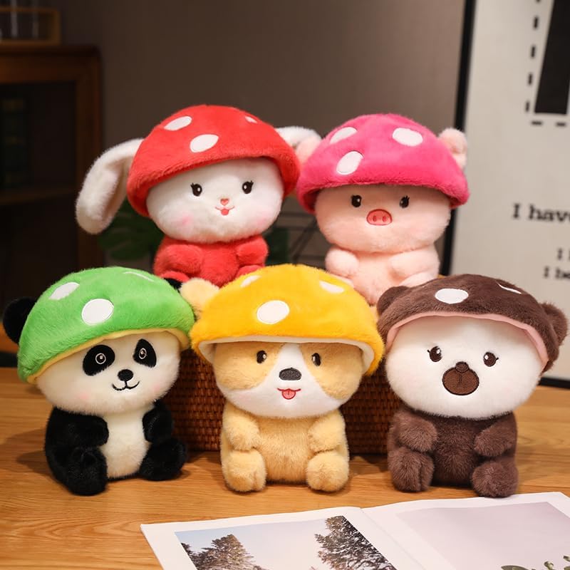 61QueNm60L._AC_.jpg Mushroom Plushie Set 5PCs of Cute Stuffed Animal Plush Toy Pillows includes Great Gift for Kids (Rabbit+Panda+Pig+Shiba inu+Bear) - Image 2
