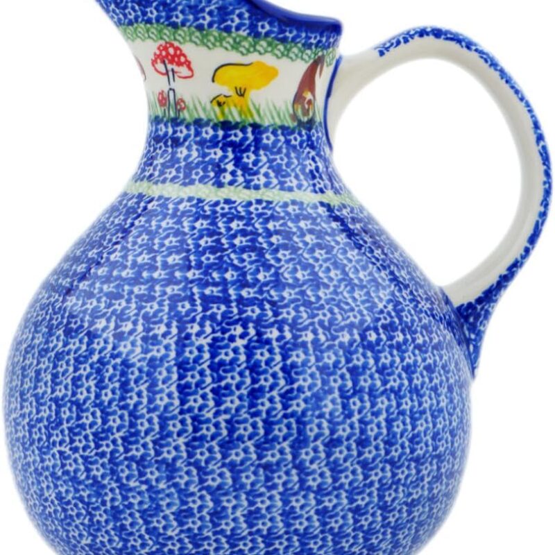 Authentic Polish Pottery Pitcher in Mushroom Garden Design Handmade in Bolesławiec Poland by Ceramika Nina + Certificate of Authenticity
