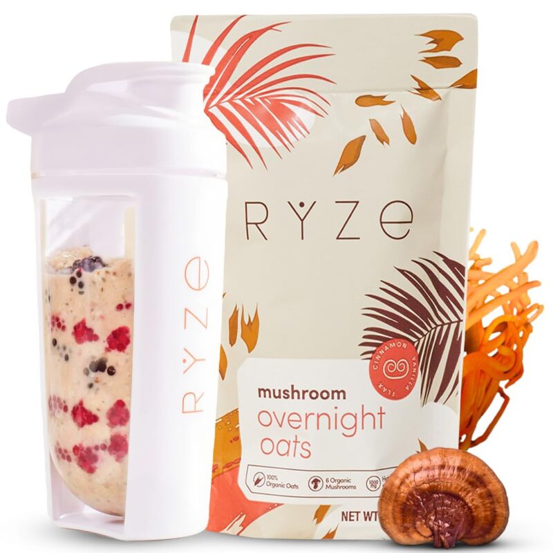 RYZE Mushroom Overnight Oats | 6 Adaptogenic Mushrooms | 20g Whey Protein | Chia Seeds | Cordyceps, Lion’s Mane, Shiitake, Reishi, Turkey Tail, King Trumpet | Healthy Breakfast | 14 servings