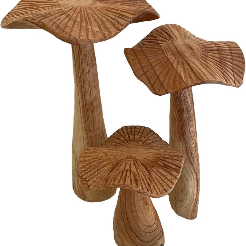 OMA Teak Wood Mushroom Sculpture Home Decor Hand Crafted Live Edge Mushroom Statues for Living Room Kitchen Home - Set of Three