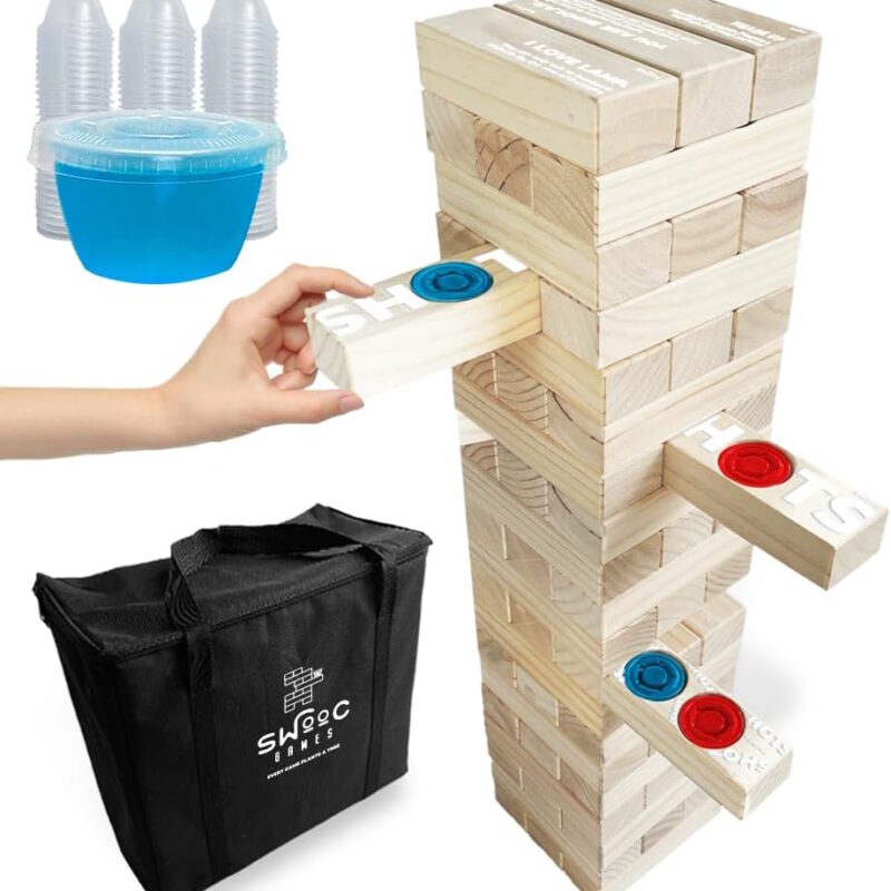 SWOOC Games - Giant Tower Party Game with Hidden Shots Holes & 60 Commands - Includes 60 Blocks, 104 Disposable Cups with Lids & Carrying Case - Tipsy Topple Game - 2.5ft - Grows to 5ft
