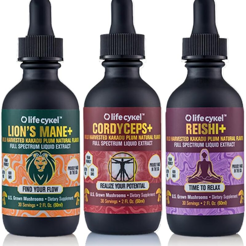 Lifecykel Professional Athletes Pack - Reishi, Lions Mane & Cordyceps Mushroom Extract- Full-Spectrum Mushroom Tincture for Energy, Focus and Immune Health- Vegan, Non-GMO Formula