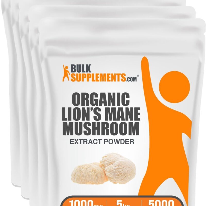 BulkSupplements.com Organic Lion's Mane Mushroom Extract Powder - Lions Mane Supplement Powder, Lion's Mane Extract - Mushroom Supplement, 1000mg per Serving, 5kg (11 lbs) (Pack of 5)