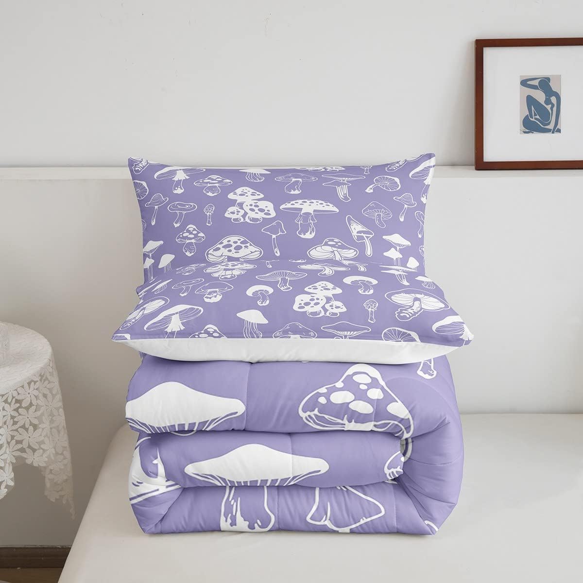 61fZ76gS3DL._AC_SL1200_.jpg Mushroom Comforter Set Full Size,Purple and White Bedding Set for Girls Women Adult Bedroom Decoration,Kids Cute Cartoon Plants Bed Duvet Insert,Purple Mushroom Comforter with 2 Pillowcase - Image 5