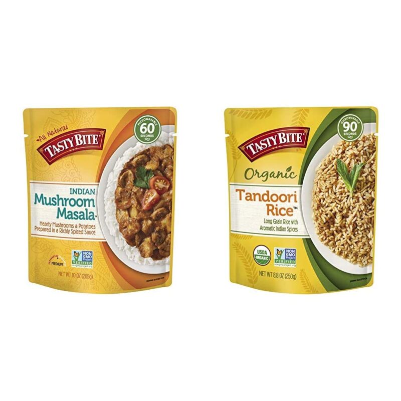 Tasty Bite Indian Entree Mushroom Masala 10 Ounce, Fully Cooked Indian Entrée with Mushrooms & Potatoes in a Richly Spiced Sauce & Rice Tandoori 8.8 Ounce (Pack of 6), Tandoori Style Indian Rice