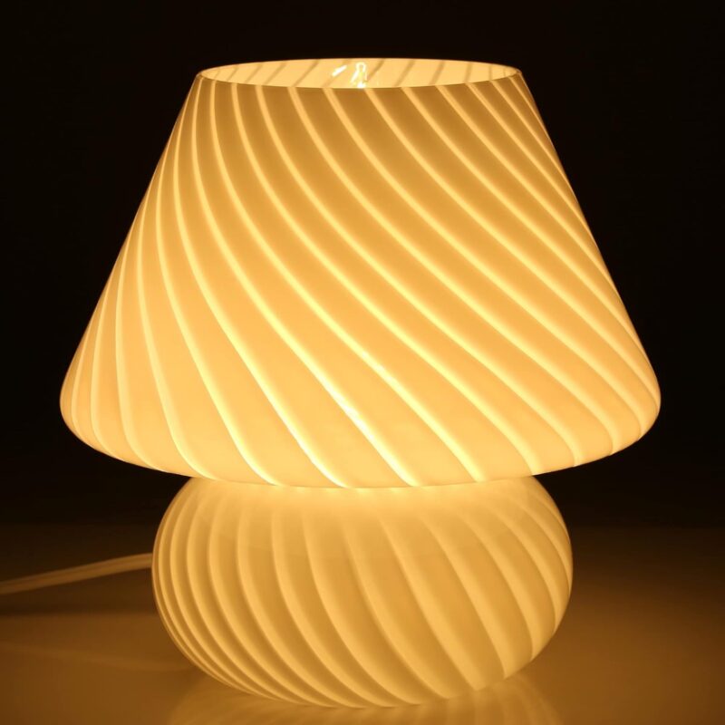 BSOD Swirl Mushroom Lamp, Vintage Bedside Table Lamps 9.9" Striped White Translucent Murano Glass Big Mushroom Decor Night Light for Desk, Bedroom, Nightstand, Home Office, Birthday Gifts...