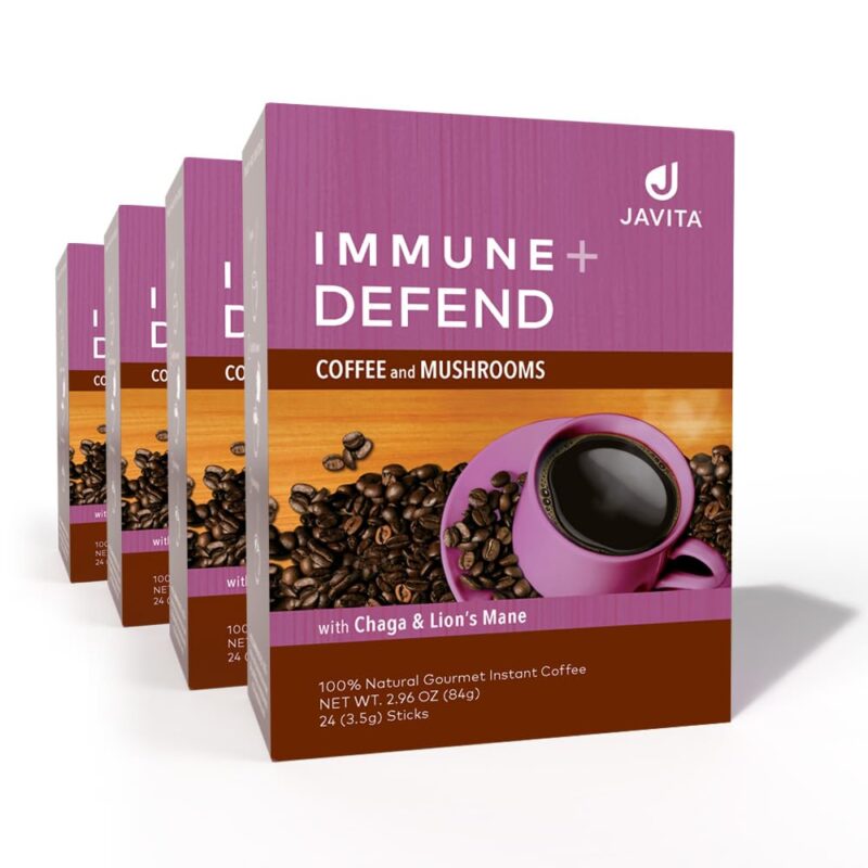 Mushroom Coffee by Javita, Immune & Defend Blend of Chaga, Lion's Mane and Dark Roast Coffee for Morning Boost, Immune Support; Keto-friendly, 4 boxes / 96 (3.5 g) serv.