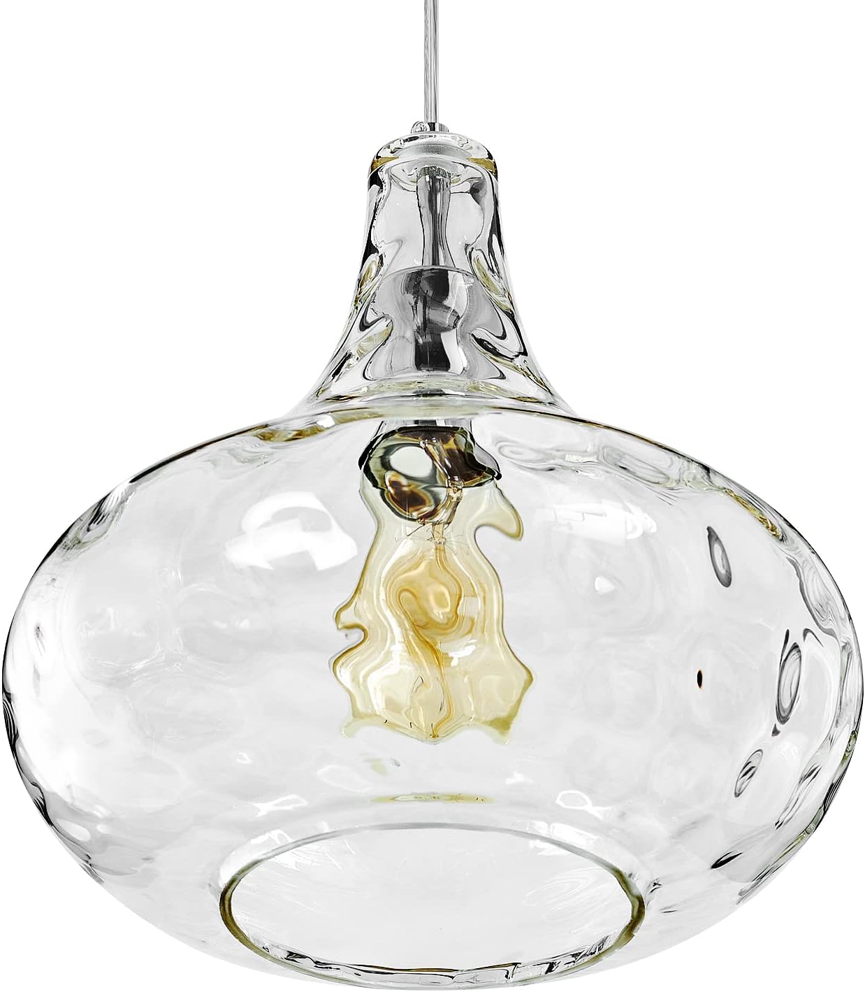 61iK6ls9m5L._AC_SL1500_.jpg Vintage Farmhouse Glass Pendant Light - Handblown Clear Hammered Glass Shade - Adjustable Cord Ceiling Fixture for Kitchen Island, Hallway, and Kitchen Sink - 11 Inch Chrome - Image 3
