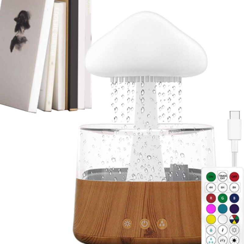 Cloud Rain Humidifier with Mushroom Design – Water Drip Effect, Colorful Night Light, Remote Control, Carging Cable Included, Multi-Function Diffuser for Bedroom, Relaxing Aromatherapy & Moisturizing