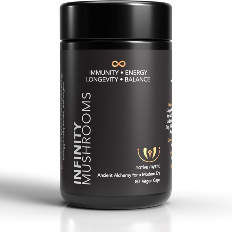 Infinity Mushrooms: 21 Mushrooms, Monoatomic Gold & Blue Lotus (80 Cap Miron Glass Jar)