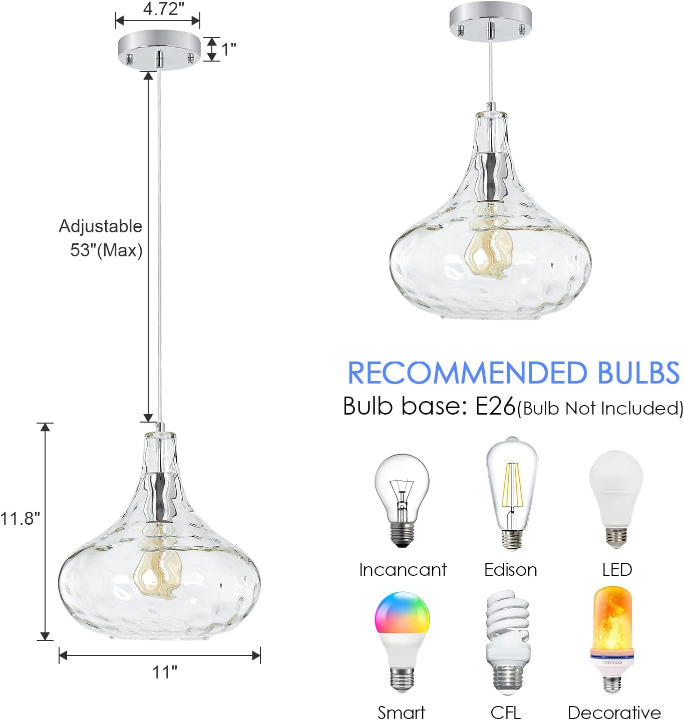 61mI3XfP65L._AC_SL1500_.jpg Vintage Farmhouse Glass Pendant Light - Handblown Clear Hammered Glass Shade - Adjustable Cord Ceiling Fixture for Kitchen Island, Hallway, and Kitchen Sink - 11 Inch Chrome - Image 8