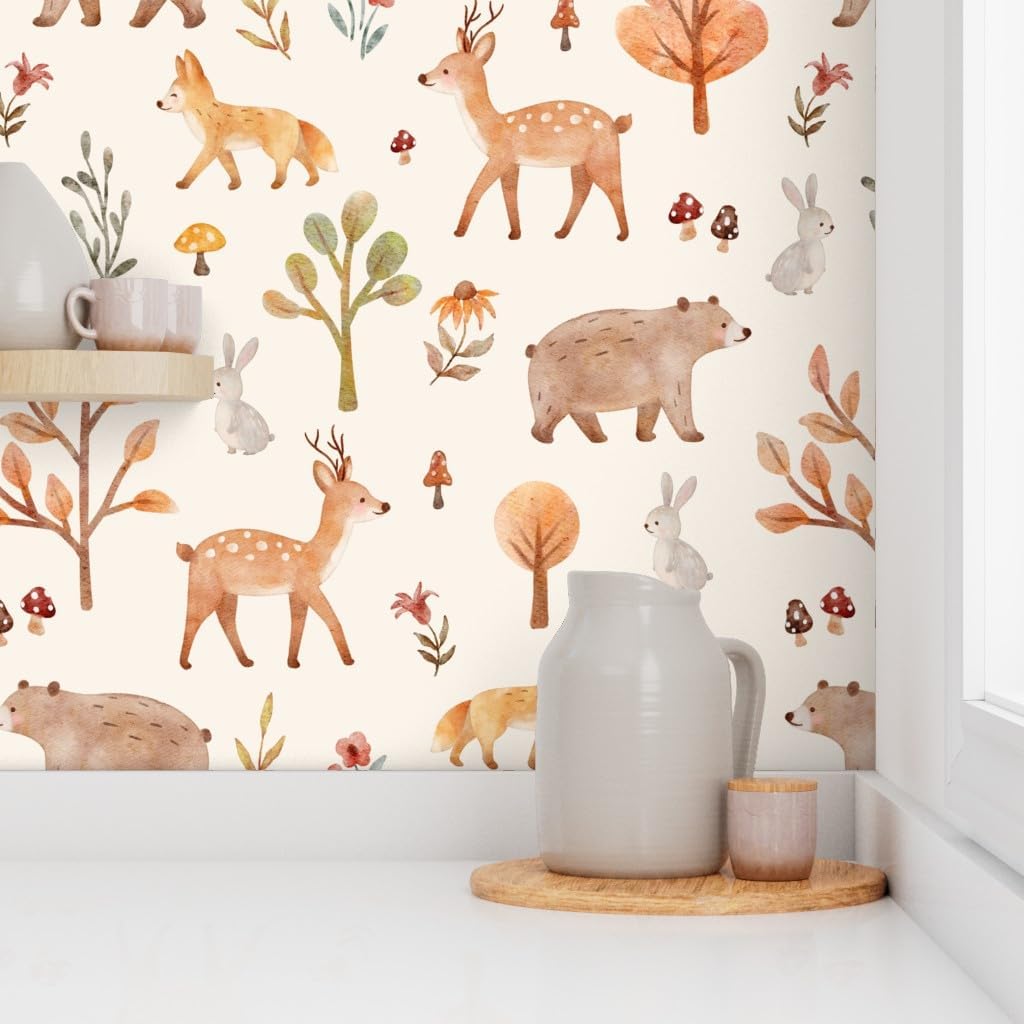 61mYMQFjKxL._AC_SL1024_.jpg Spoonflower Peel & Stick Wallpaper 6ft x 2ft - Watercolor Nursery Whimsical Woodland Animals Baby Deer Fox Bear Bunny Mushroom Flowers Hand Drawn Custom Removable Wallpaper - Image 8