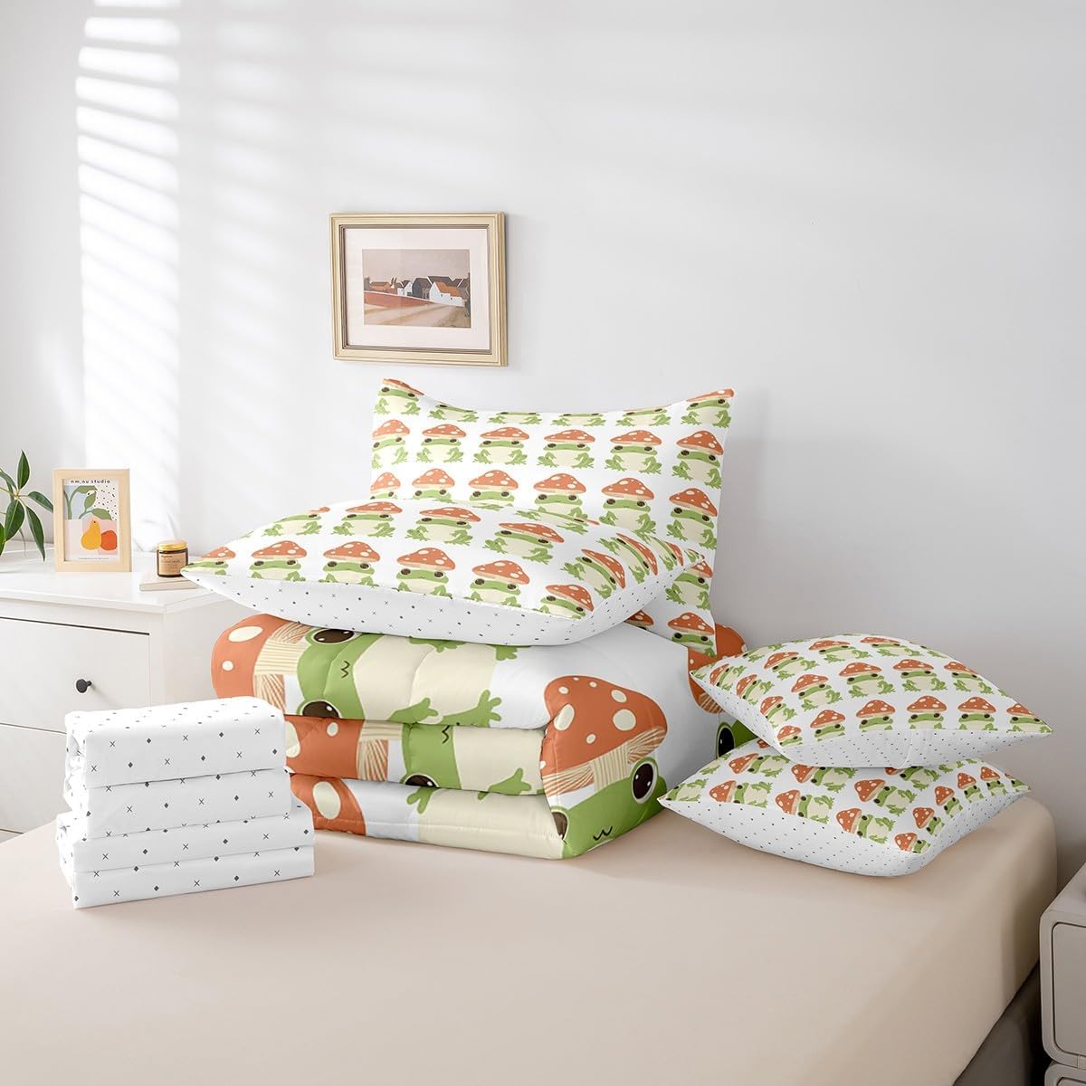 61nsncKuVL._AC_SL1200_.jpg Feelyou Frog Bed in a Bag Cute Green Frogs with Mushroom Hats Comforter Set Twin Size 7 Pieces Boys Girls Kawaii Animal Bedding Set Microfiber Nature Bed Set with Sheets Bedroom Bed Set with Sheets - Image 6