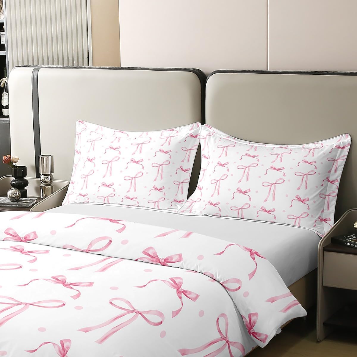 61nlkqX3bhL._AC_SL1200_.jpg Erosebridal Girls Pink Bowknot 100% Cotton Duvet Cover Queen Size, Bow Tie Microfiber Bedding Set for Kids Lady, Kawaii Princess Comforter Cover for Bed, Pink Polka Dot Bedclothes - Image 4