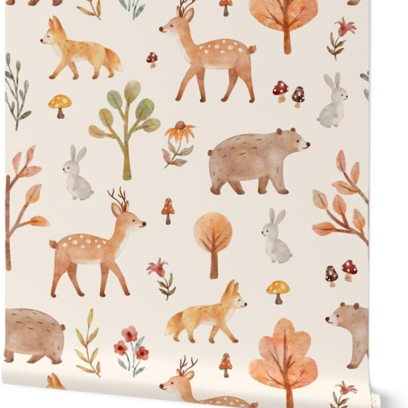 Spoonflower Peel & Stick Wallpaper 6ft x 2ft - Watercolor Nursery Whimsical Woodland Animals Baby Deer Fox Bear Bunny Mushroom Flowers Hand Drawn Custom Removable Wallpaper