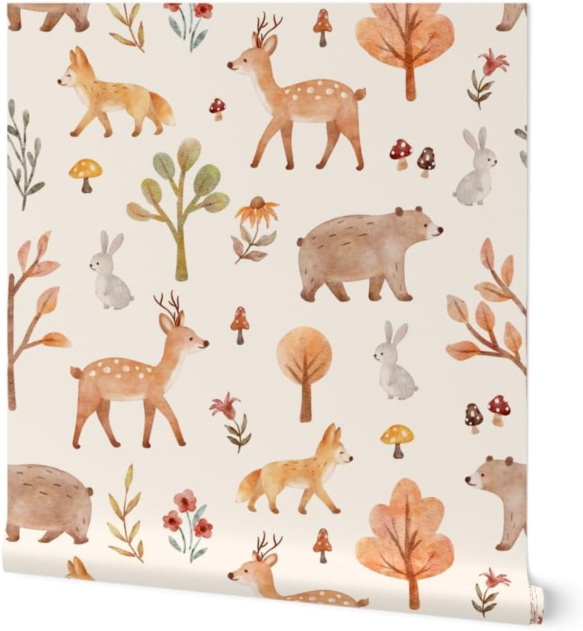 61o6hwYKYL._AC_SL1024_.jpg Spoonflower Peel & Stick Wallpaper 6ft x 2ft - Watercolor Nursery Whimsical Woodland Animals Baby Deer Fox Bear Bunny Mushroom Flowers Hand Drawn Custom Removable Wallpaper