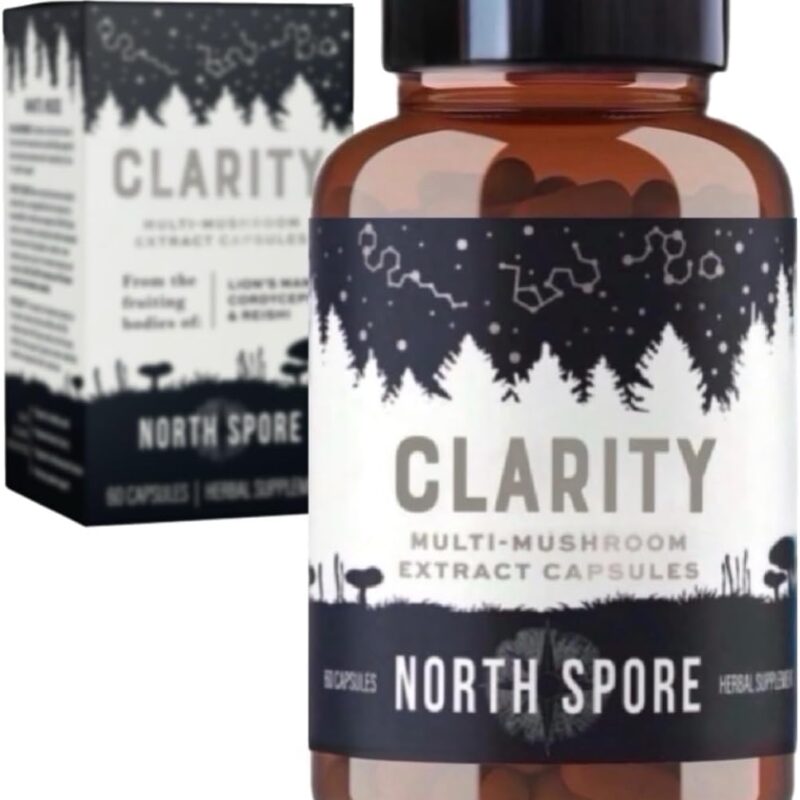 North Spore Organic Clarity High Potency Mushroom Capsules | Lions Mane, Reishi, Cordyceps Supplement | Boost Focus, Memory, Vitality, Cognitive Function | Pure Organic Extract Blend - 60ct