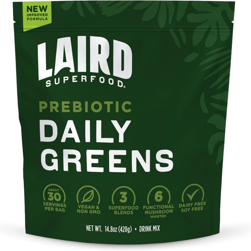 Laird Superfood Prebiotic Daily Greens Powder – Essential Vitamins & Minerals - Prebiotic Fiber, Adaptogen and Fruits & Vegetables – Supports Gut Health – Non-GMO, Vegan - 14.8 oz Bag, Pack of 1