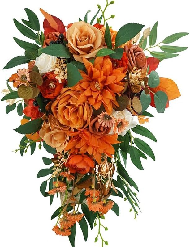 Ansofi 11" Burnt Orange Wedding Bouquets for Bride Rustic Boho Cascading Bridal Bouquet Flowers for Fall Vintage Wedding Party Ceremony Decor