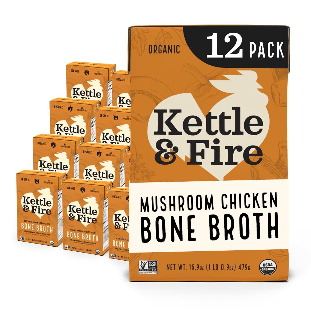 61tkUyltmBL._SL1000_.jpg Kettle and Fire Mushroom Chicken Bone Broth, Keto, Paleo and Whole 30 Approved, Gluten Free, High in Protein and Collagen, 12 Pack