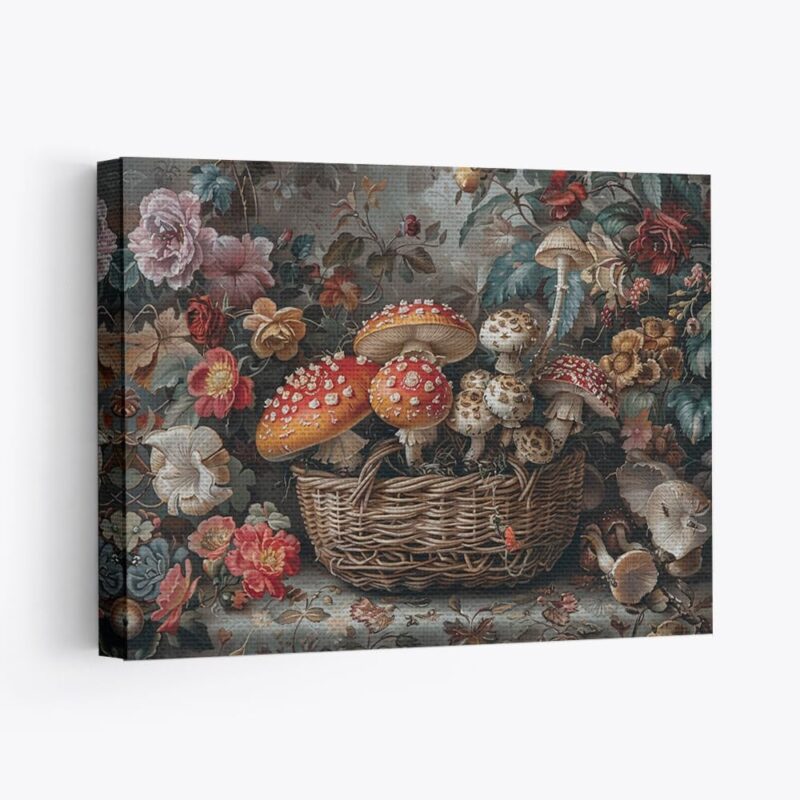 Elivita Old Basket Of Mushrooms Vintage Art Design 4 Wall Decor Canvas Art Print Home Decor Pictures Poster for Bedroom Living Room Bathroom Office With Framed Ready to Hang